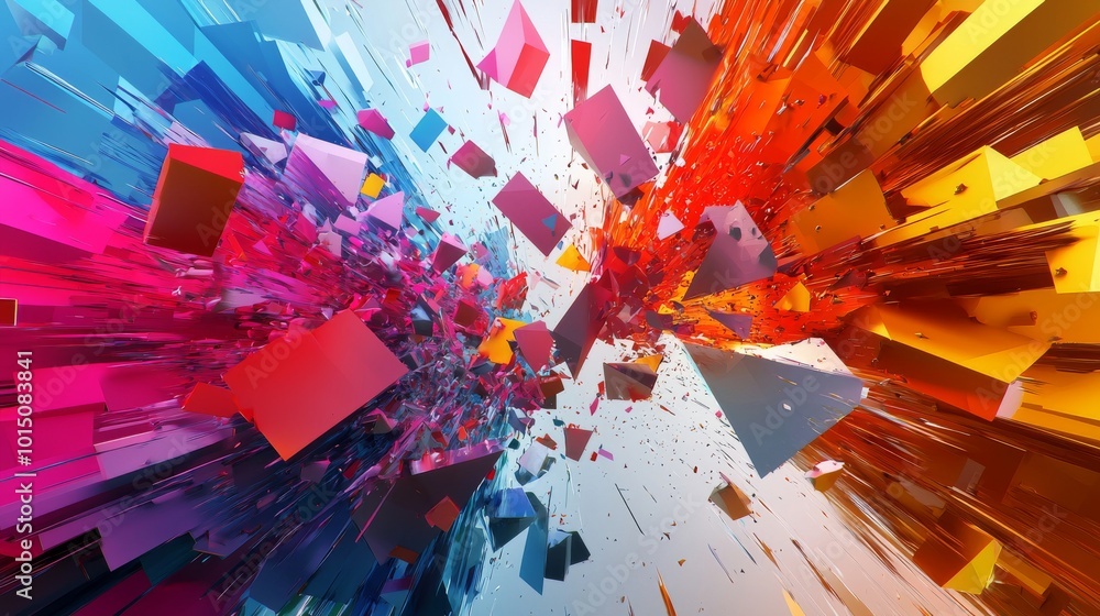 Poster a vibrant explosion of colorful geometric shapes in dynamic motion, creating a sense of energy and c