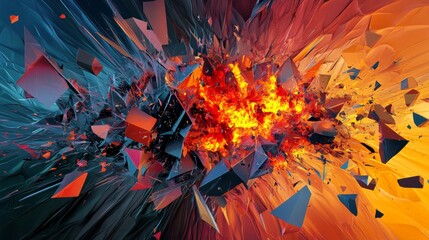 A dynamic explosion of triangular fragments in fiery orange and deep blue tones.