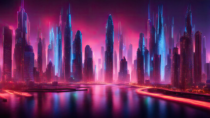 Obraz premium A futuristic cityscape at twilight with towering neon-lit skyscrapers reflecting over a tranquil body of water, bathed in vibrant pink and blue hues.