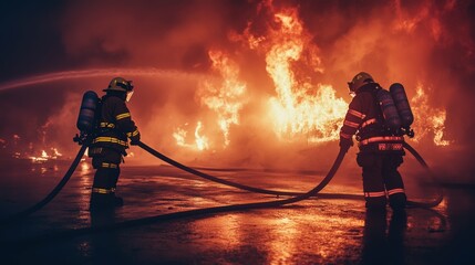 Firefighters coordinating their efforts to put out a large fire, showing the teamwork and efficiency required in emergency situations