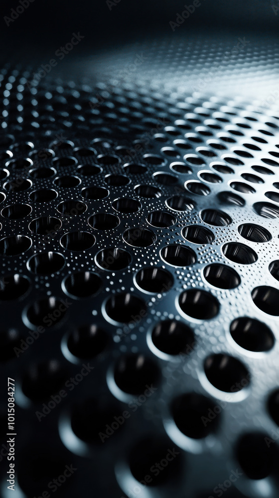 Poster close-up of a textured metal surface with circular patterns creating a flowing wave effect in dim li