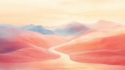 Healing journey winding path through abstract landscape, soothing peach background