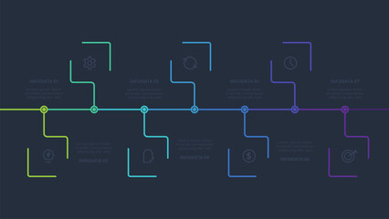 Line concept for infographic with 7 steps, options, parts or processes. Template for web on a black background.