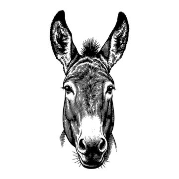 Detailed Vintage Donkey Head Illustration in Black and White Retro Engraving Art Style