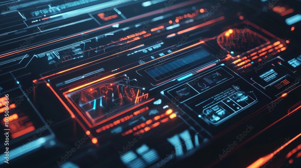 Poster futuristic interface with glowing blue and orange graphics showcasing digital data and analytics.