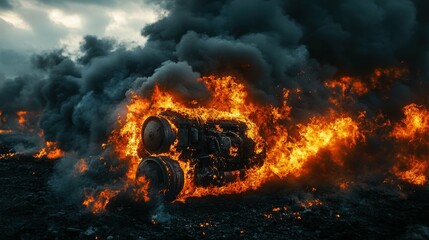 An old car engine on fire, with vivid flames and dark smoke rising into the sky