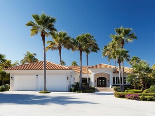 Mediterranean-style house with tall palm trees swaying in the breeze, house exterior, big trees, palm, Mediterranean