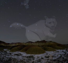 Dark night sky in the desert. Image of the constellation Ursa Major and Ursa Minor. The number of...