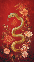Fototapeta premium Golden Snake with Floral Design on Red Background