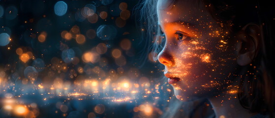 Young Girl Exploring Digital World: A captivating portrait of a young girl gazing intently at a screen filled with vibrant digital patterns, her reflection mirroring the futuristic data stream.