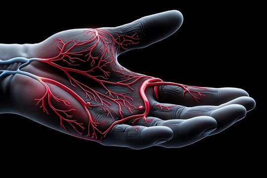 Detailed rendering of the human hand&acirc;&euro;&trade;s blood vessels, highlighting the radial and ulnar arteries and veins