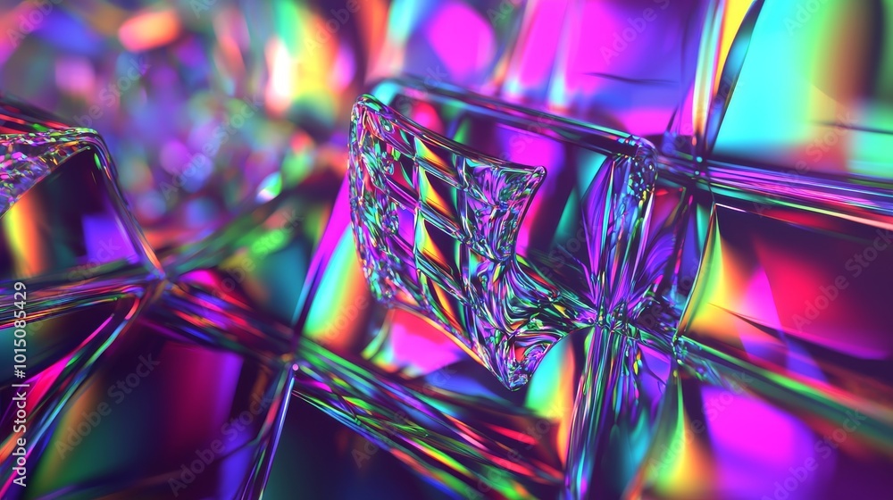 Poster a stunning close-up of iridescent crystal blocks reflecting vibrant rainbow colors, creating a mesme