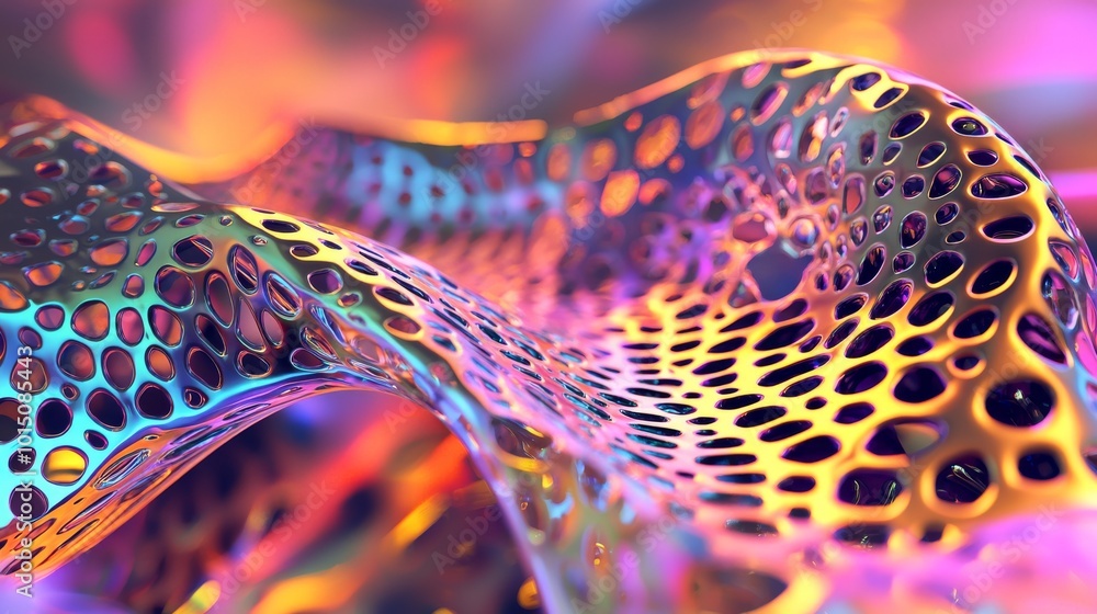 Poster vibrant abstract image showcasing a colorful, intricate mesh pattern with a dynamic, flowing design.