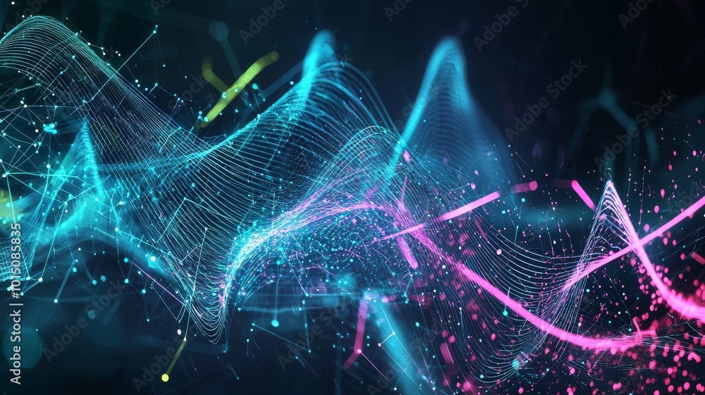 Poster abstract digital waves in vibrant blue and pink tones, creating a futuristic and dynamic visual effe