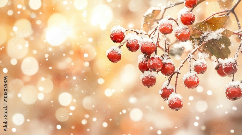 Poster frost-covered berries on a branch with soft background