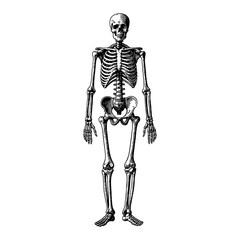 Antique Human Skeleton Illustration in Detailed Black and White Engraving Art Style