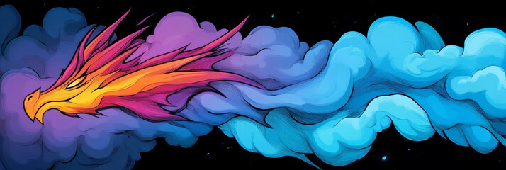 Fototapeta premium A vibrant dragon head bursts through a cloud of colorful smoke against a black background.