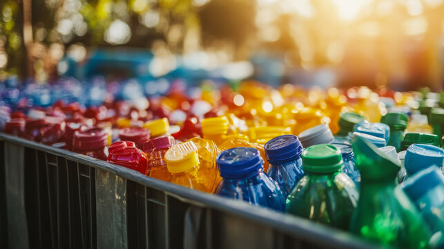 Trash bins overflowing with plastic waste in a busy urban area during daylight hours