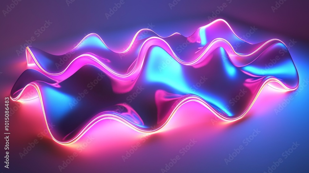 Poster a vibrant, flowing abstract wave with neon blue and pink lights, creating a futuristic and dynamic v