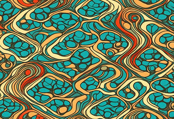A vibrant abstract pattern featuring swirling shapes in turquoise, orange, red, and green. The design showcases a dynamic interplay of curves and lines, creating a lively and energetic visual effect.