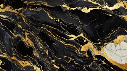 Fototapeta premium Elegant abstract black and gold marble texture with flowing patterns and glittering details.