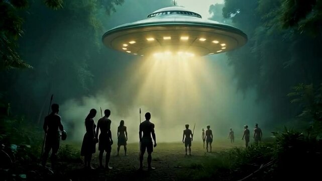 A fictional encounter between a primitive tribe's first contact with aliens. A flying saucer lands in the jungle. Great intro for videos about UFO conspiracy theories