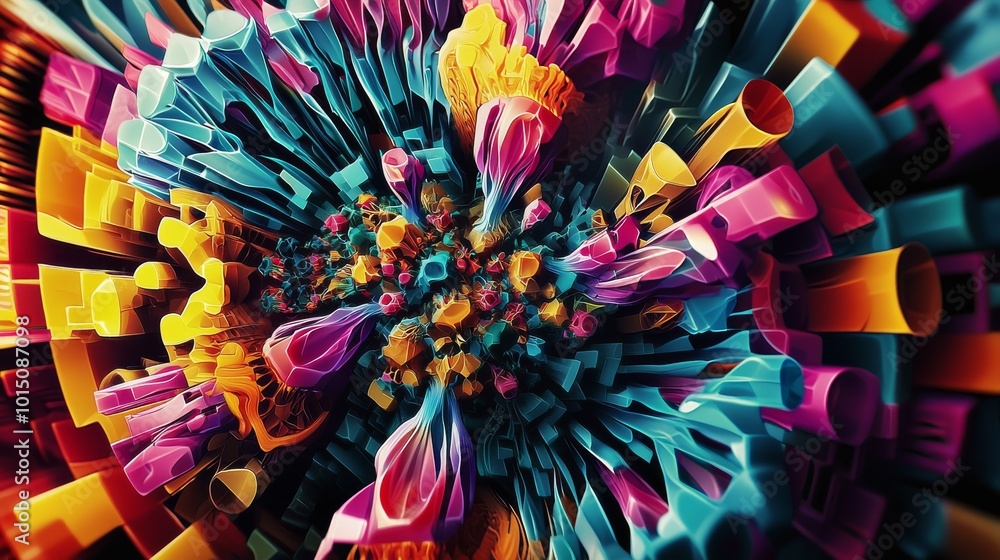 Poster a vibrant explosion of abstract shapes in bold colors, creating a mesmerizing swirl of artistic expr