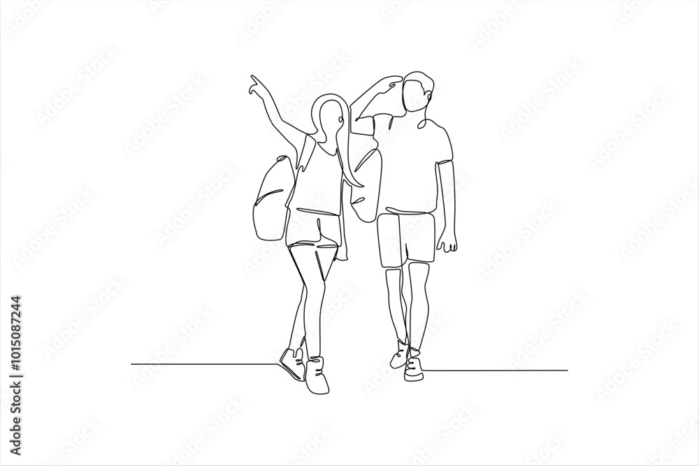 Wall mural continuous line drawing of couple walking together