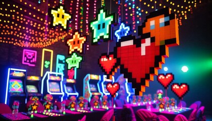 Obraz premium Vibrant retro arcade featuring pixel art hearts and stars, with glowing neon illuminations. Captures a nostalgic and playful atmosphere reminiscent of classic video games.