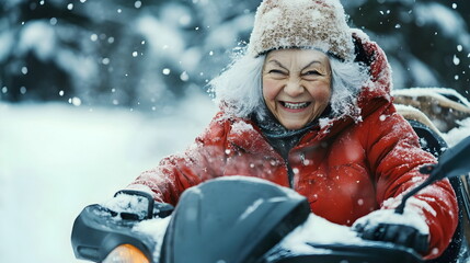 Joyful Woman Smiling Riding Snowmobile Winter Wonderland Adventure