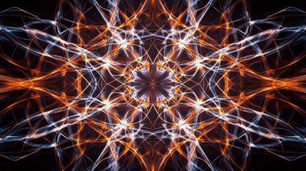 Obraz premium A mesmerizing abstract pattern showcasing vibrant orange and blue light trails forming a symmetrical design.