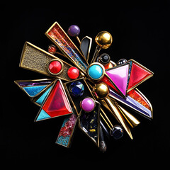 Retro 1980s style brooch, geometric and organic shapes, colorful gemstones and enamels.