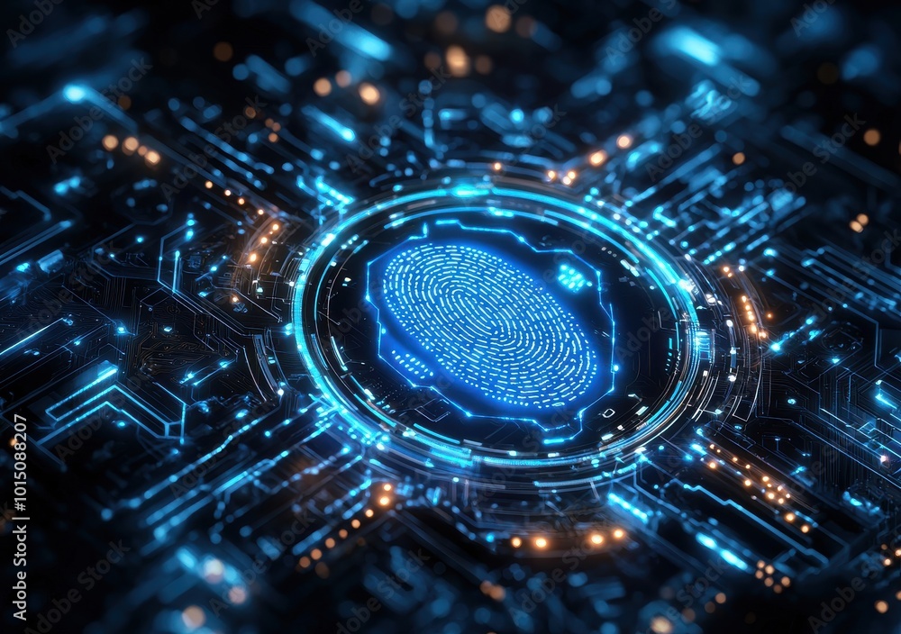 Poster digital fingerprint on a glowing electronic circuit board symbolizing cybersecurity and personal dat