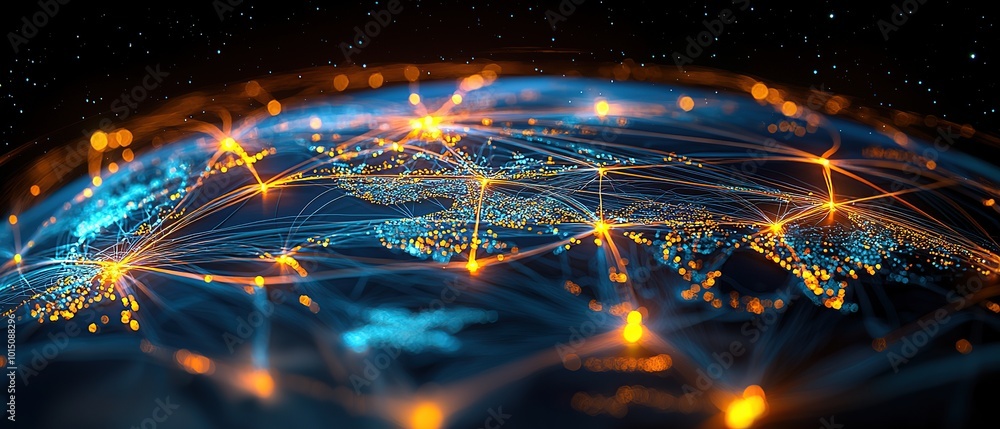 Poster Abstract image of a glowing Earth with interconnected lines representing global communication and connectivity.