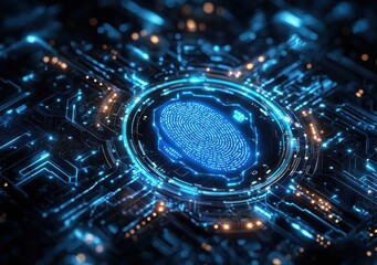 Digital fingerprint on a glowing electronic circuit board symbolizing cybersecurity and personal data protection
