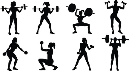 Set or collection of various woman sports exercising silhouettes.