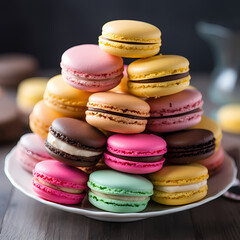 Obraz premium A stack of colorful macarons on a plate. 