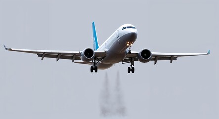 Airplane touching down for landing on a plain white background.