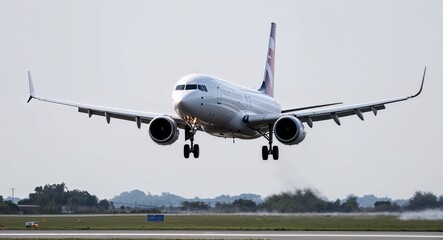 Airplane touching down for landing on a plain white background.