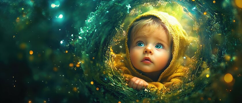 Expansive widescreen composition featuring a curious baby peeking out from a magical portal hinting at unseen adventures