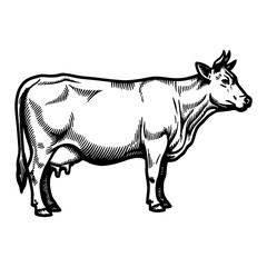 Fototapeta premium Detailed Black and White Engraving of a Cow Side View Hand Drawn Vintage Illustration Art