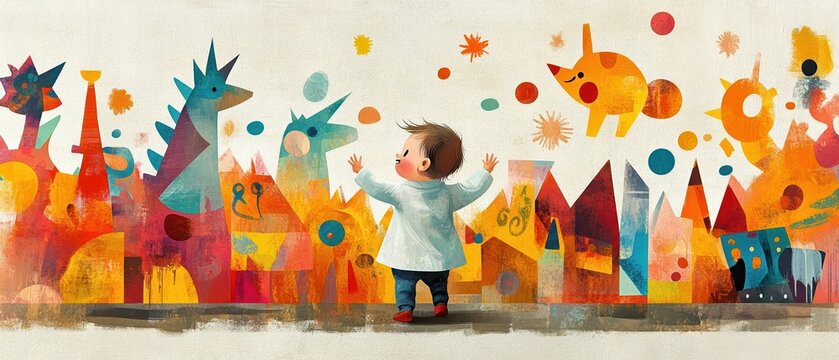 Panoramic illustration of a baby leading a parade of playful anthropomorphized shapes and figures in a joyful celebration