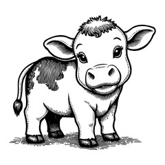 Fototapeta premium Charming Detailed Vintage Baby Cow Illustration in Black and White Retro Engraving Style