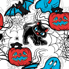 Halloween seamless vector pattern with pumpkin, ghost, bat. Decor for party celebration, fabric print. textile design, backdrop, background, wrapping paper, scrapbooking. Hand drawn cartoon character.