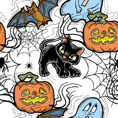 Halloween seamless vector pattern with pumpkin, ghost, bat. Decor for party celebration, fabric print. textile design, backdrop, background, wrapping paper, scrapbooking. Hand drawn cartoon character.