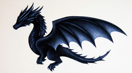 Fototapeta premium A detailed illustration of a black dragon, its wings spread wide against a white background.