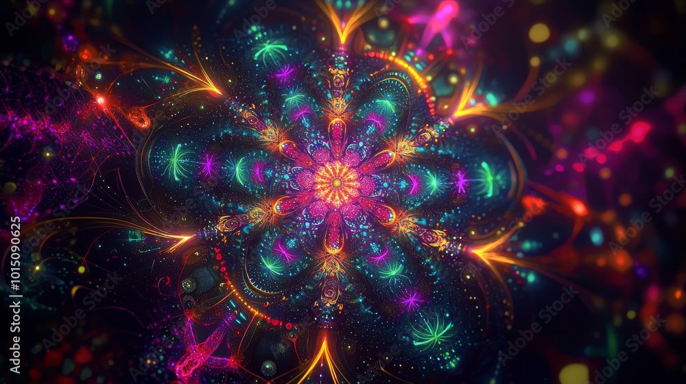 Poster vibrant abstract fractal design showcasing intricate patterns and radiant colors in a kaleidoscopic 