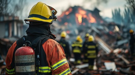 Firefighters and paramedics coordinating efforts at the site of a major disaster, demonstrating their teamwork and professionalism in action