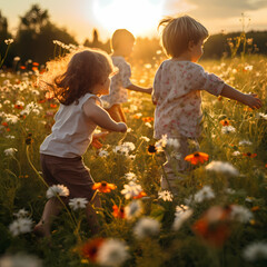 Children playing in a field of wildflowers.