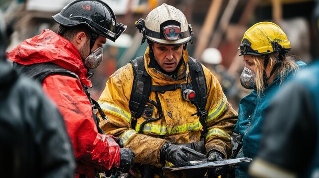 Firefighters and paramedics coordinating efforts at the site of a major disaster, demonstrating their teamwork and professionalism in action